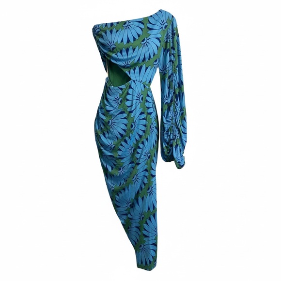 Farm Rio Copacabana Asymmetric Midi Cutout Dress Blue Green One Sleeve Small - Picture 5 of 11